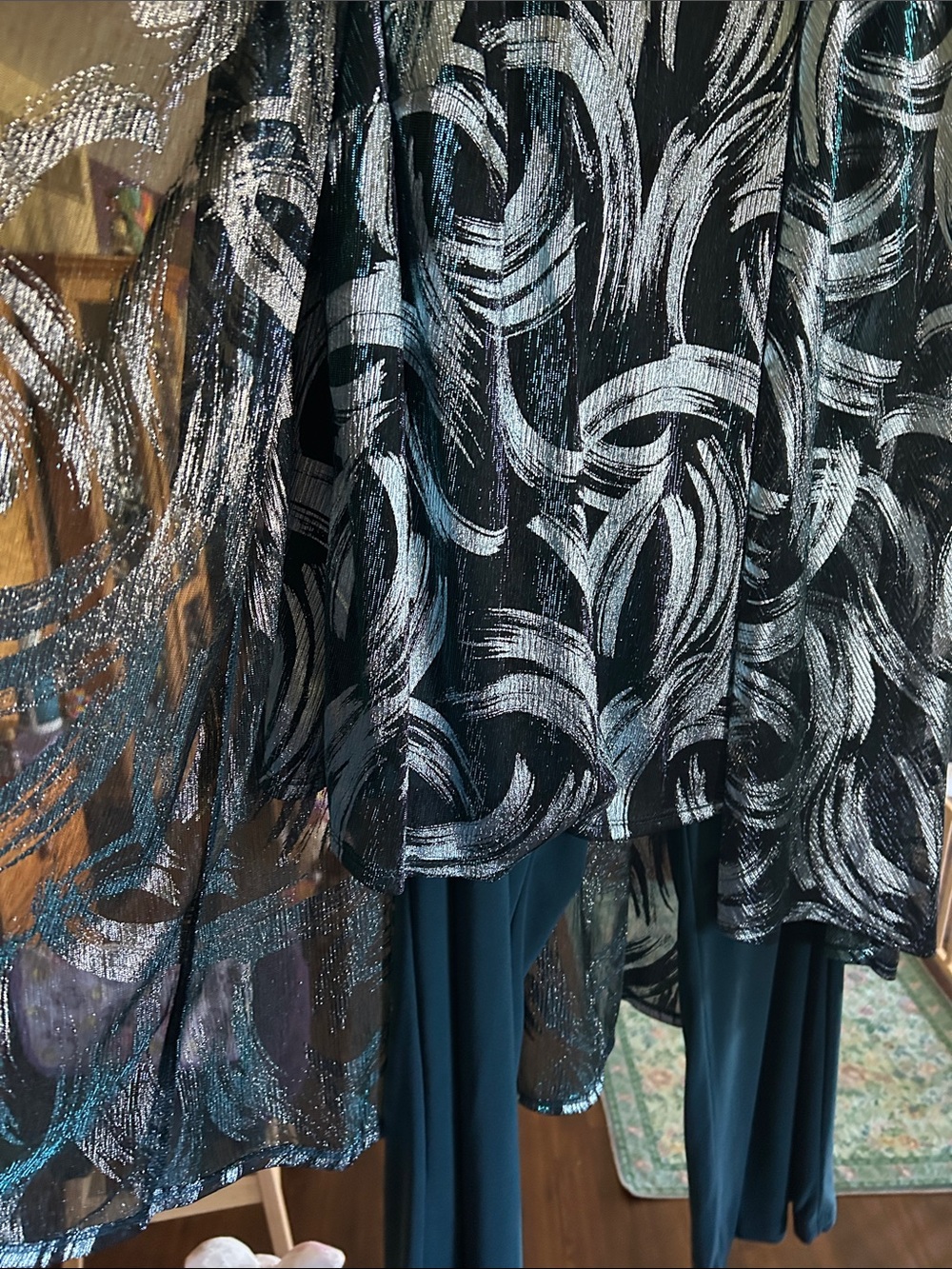 R & M Richards Black and Teal Metallic Brushstroke Pantsuit Ensemble - Picture 2 of 2